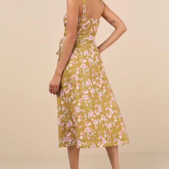 Lulus Sunny Posture Chartreuse Floral Sleeveless Midi Dress Green - Size M - Picture 3 of 4